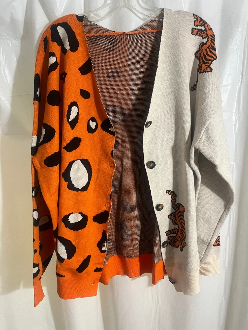 Orange and Cream Leopard-Tiger Button Down Cardigan Sweater - Women